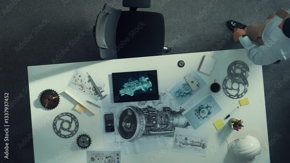 Poster top down aerial view of engineer hold tablet while learning about engine. aerial view of skilled pro