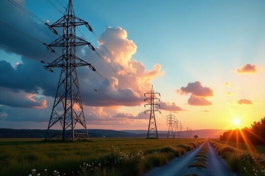 High-voltage power station, electricity transmission lines , energy, power lines, industrial site
