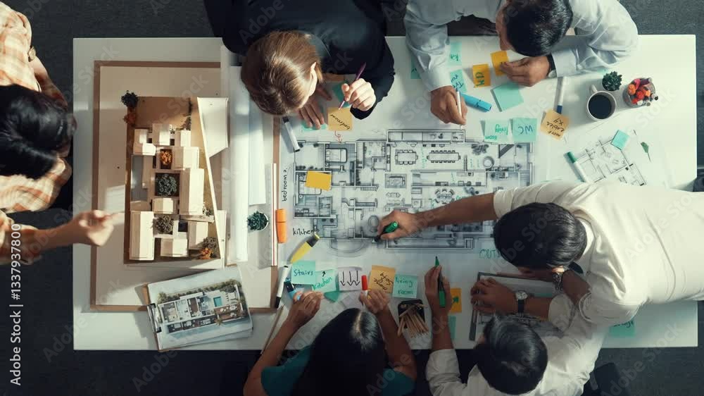 Poster top aerial view of project manager or civil engineer writing at blueprint and planning building desi