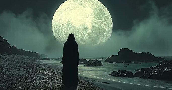 Silhouette figure on moonlit beach.  Possible stock photo use