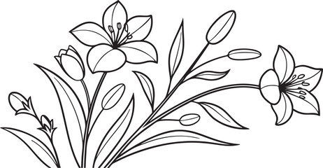 Black and white vector illustration of lily of the valley flowers in a decorative floral design