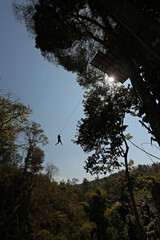 Asian tourists adventure on a zip line in Ban Mae Wang, Chiang Mai, Thailand 