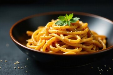 Stir-fried noodles, sesame seeds, dark background, background, shadow