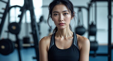 Fototapeta premium Asian middle age girl gym background close up athlete active sports wear photography posing model photoshoot