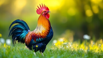 Fototapeta premium Majestic Rooster in a Lush Meadow