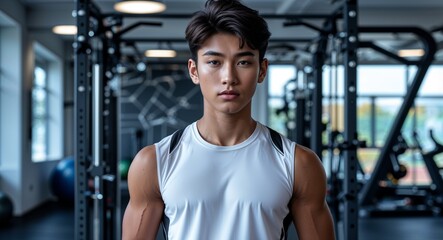 Asian teen guy gym background close up athlete active sports wear photography posing model photoshoot