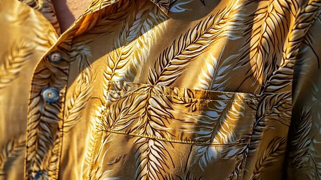 Close-up of a person wearing a patterned yellow shirt with palm leaves, captured during sunset