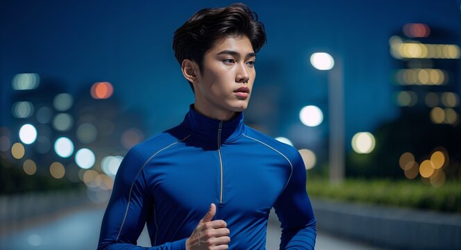 Asian teen guy jogging night background close up active athlete sports wear photography posing model photoshoot