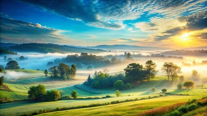 Fototapeta premium Watercolor Style Illustration: Mysterious Luminous Countryside Landscape, Pale Colors, Foggy Valley, Blue Sky, Fields, Grass