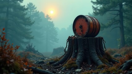 An aged, rusty metal drum rests atop a weathered tree stump in a misty forest at sunrise, hinting at forgotten stories and the passage of time.