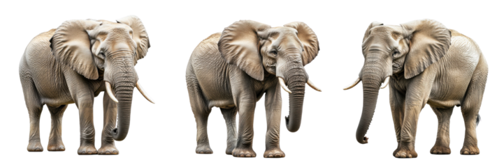 A Set of High-Angle Studio Shots of a Powerful African Elephant Standing Alone Isolated on Transparent Background