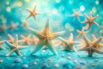 Watercolor Turquoise Blue Summer Vacation Banner with Starfish - High Resolution Stock Photo