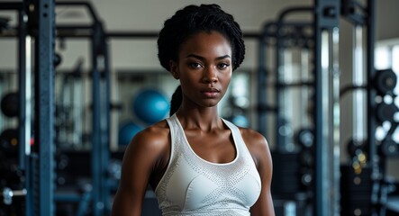 Fototapeta premium black African middle age girl gym background close up athlete active sports wear photography posing model photoshoot
