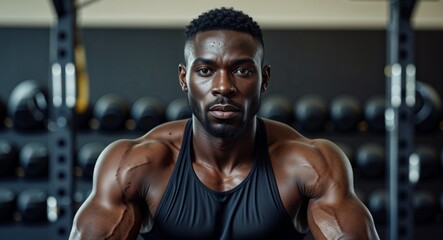 Fototapeta premium black African middle age guy gym background close up athlete active sports wear photography posing model photoshoot