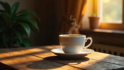 Obraz premium Warm Morning Sunlight Illuminates a Steaming Cup of Coffee on Rustic Wooden Table