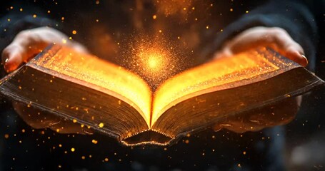 Hands holding a magical book with sparks - Powered by Adobe