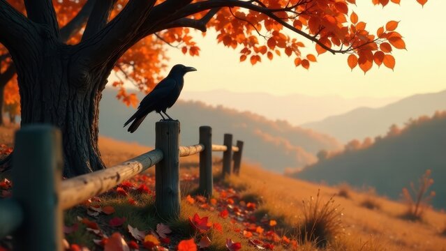 Solitary Raven Perched on Rustic Fence Post Amidst Autumnal Landscape at Golden Hour