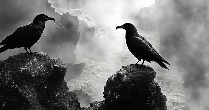 Two ravens on rocks, misty waterfall background.  Possible use Nature, Wildlife,  Conceptual art