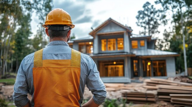 Construction worker admiring his work: A newly built house