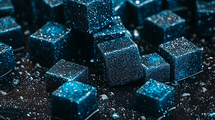 Shimmering blue sugar cubes glisten with water droplets on dark surface, creating captivating and refreshing visual