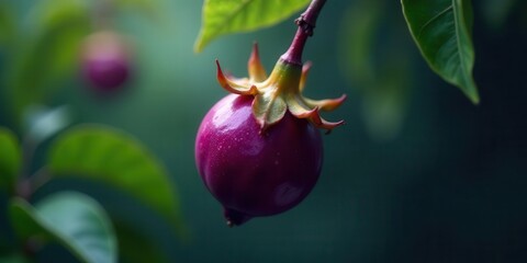 Close-up view of a vibrant purple fruit hanging from a branch, surrounded by lush green foliage, exhibiting a glistening texture and unique calyx