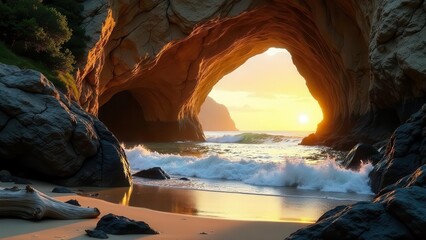 Golden Sunset Illuminates a Secluded Coastal Cave Opening, Waves Crashing Gently on a Sandy Shore