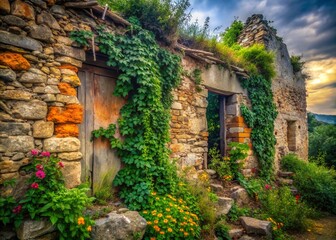 Weathered Stone Wall of Abandoned House, Rustic Landscape Photography