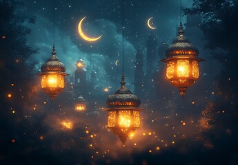 Ethereal Lanterns with Crescent Moons in a Magical Forest