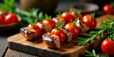 Grilled meat skewers with cherry tomatoes and rosemary garnish on wooden board