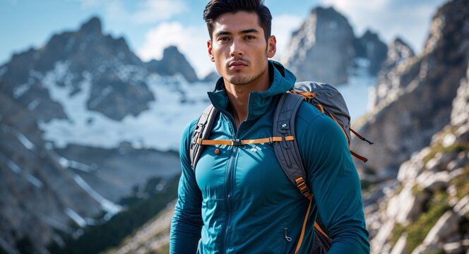 latin Hispanic 20s age guy hiking mountain background close up athlete active sports wear photography posing model photoshoot