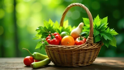 A wicker basket overflowing with vibrant, freshly picked garden produce, showcasing a delightful array of colorful vegetables and citrus fruits, nestled amidst lush green foliage.