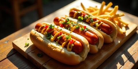 Savory Hot Dogs Topped with Mustard, Relish, and Fresh Herbs Served on a Wooden Board with Crispy French Fries