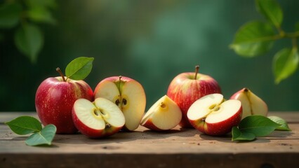 Red apples on rustic wooden surface with green leaves in natural light
