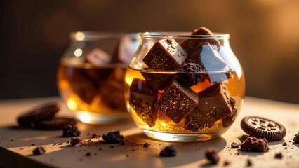 Illuminated Chocolate Cubes Submerged in Amber Liquid, Beside Crumbly Cookies and Cocoa Dust on a Wooden Surface