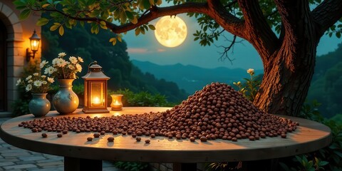 Serene Evening Scene A Bountiful Harvest of Roasted Nuts Adorns a Wooden Table Underneath a Full Moon, Illuminated by Soft Lantern Light, Flanked by Delicate White Flowers in Elegant Vases.