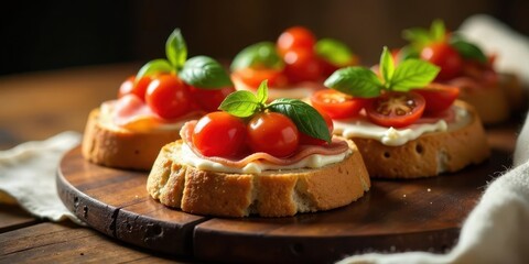 Appetizing Bruschetta Toasts with Creamy Spread, Thinly Sliced Delicate Meat, and Fresh Cherry Tomatoes Garnished with Basil
