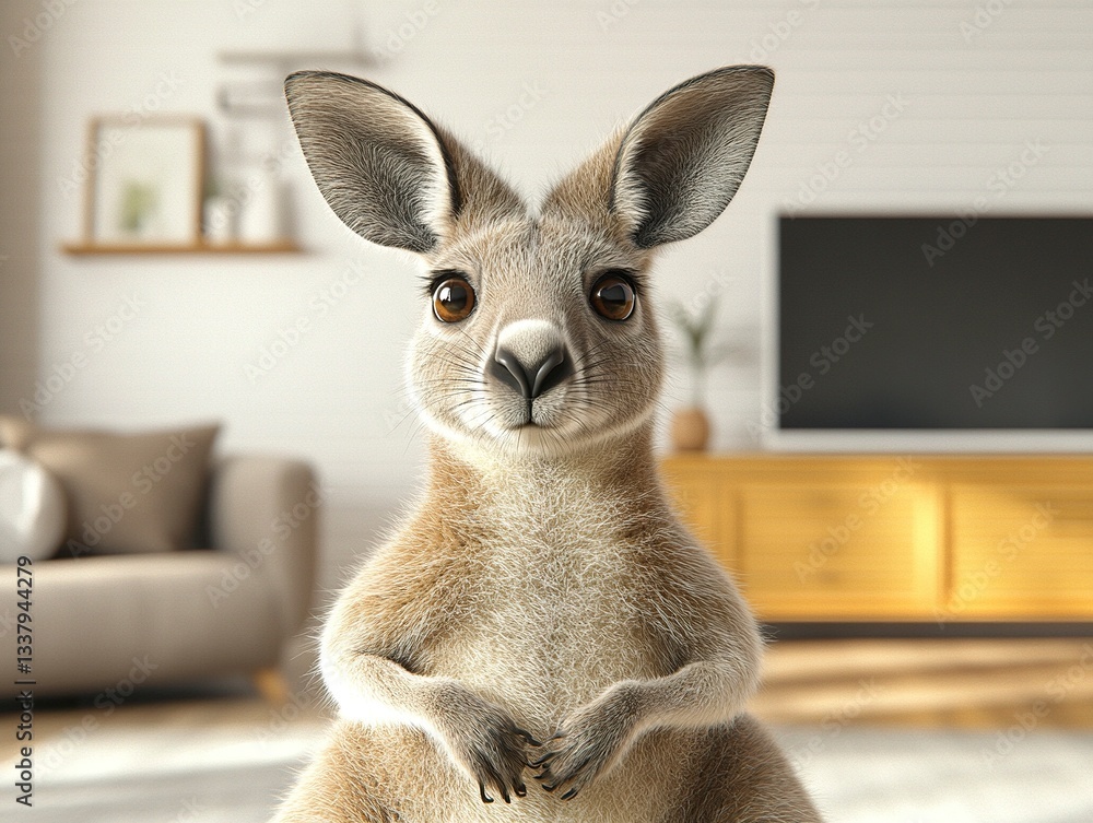 Poster a cute and cuddly kangaroo in vector format, standing in a relaxed pose with large expressive eyes, 