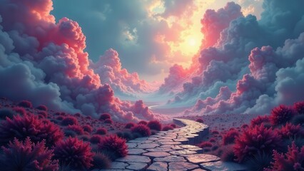 A Serene Stone Path Winding Through a Dreamlike Landscape of Pastel Clouds and Vibrant Flora at Sunset