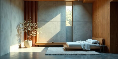 Serene Minimalist Bedroom Interior Design Featuring a Wooden Platform Bed, Concrete Walls, and a Flowering Plant