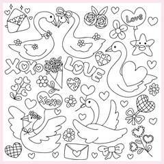 Cute duck, Valentine's Day line drawing, hand drawn	
