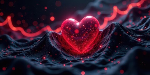 A luminous crimson heart rests gently upon a dark, undulating surface, illuminated by ethereal red sparks and glowing embers.