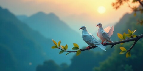 Serene Sunset Two White Doves Perched on a Branch, Majestic Mountains in the Background