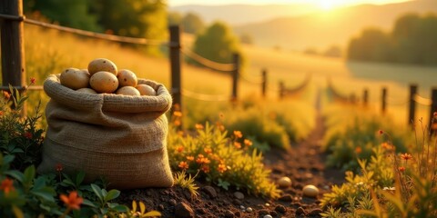 Golden Hour Harvest A Burlap Sack Overflowing with Freshly Dug Potatoes Rests by a Rustic Fence in a Sun-Drenched Meadow