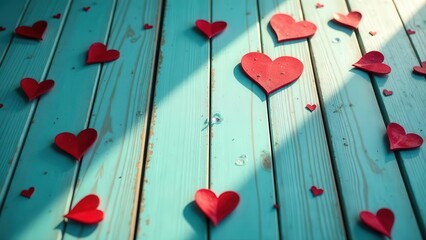 Red hearts scattered on a teal wooden surface bathed in sunlight