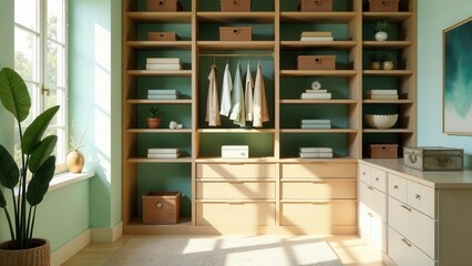 Serene and Organized Built-in Closet System with Natural Light and Neutral Tones