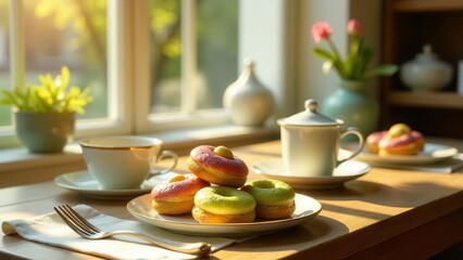 A delightful morning tea setting bathed in warm sunlight, featuring pastel-colored pastries and a delicate porcelain teacup