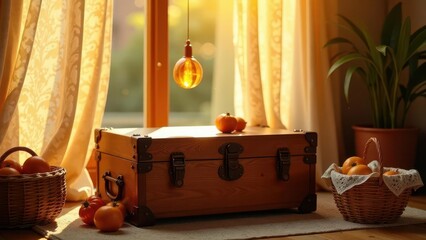 Warm Sunlight Illuminates Rustic Wooden Chest with Autumnal Fruit in Baskets near Sheer Curtains