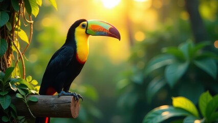 A Vibrant Toucan Perched on a Branch at Golden Hour, Surrounded by Lush Tropical Foliage