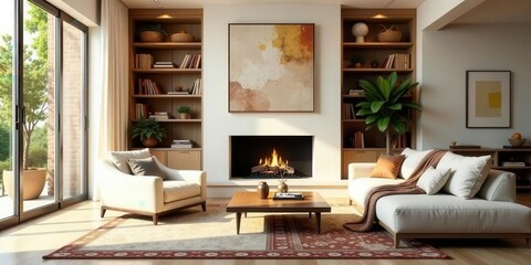 Serene Living Room Interior Design with Modern Fireplace and Natural Light