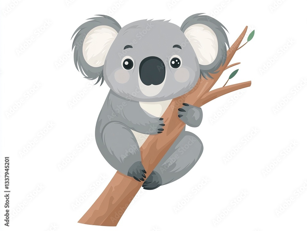 Poster a cute koala clings to an invisible tree in a simple vector style, its soft gray fur and round nose 